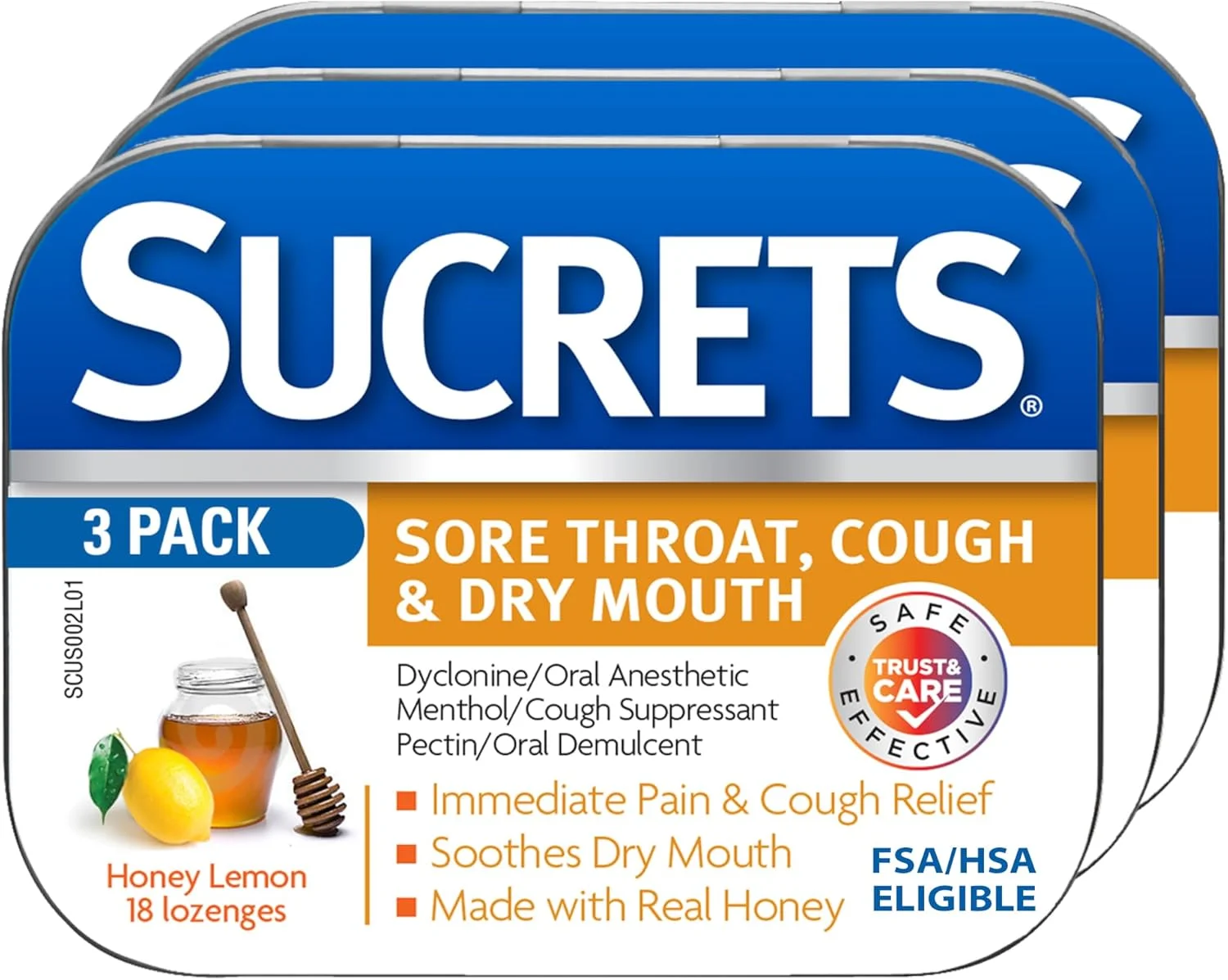 قرص های مکیدنی تسکین دهنده گلو درد، سرفه و خشکی دهان سوکرتز، طعم عسل و لیمو، 18 عددی، بسته 3 عددی