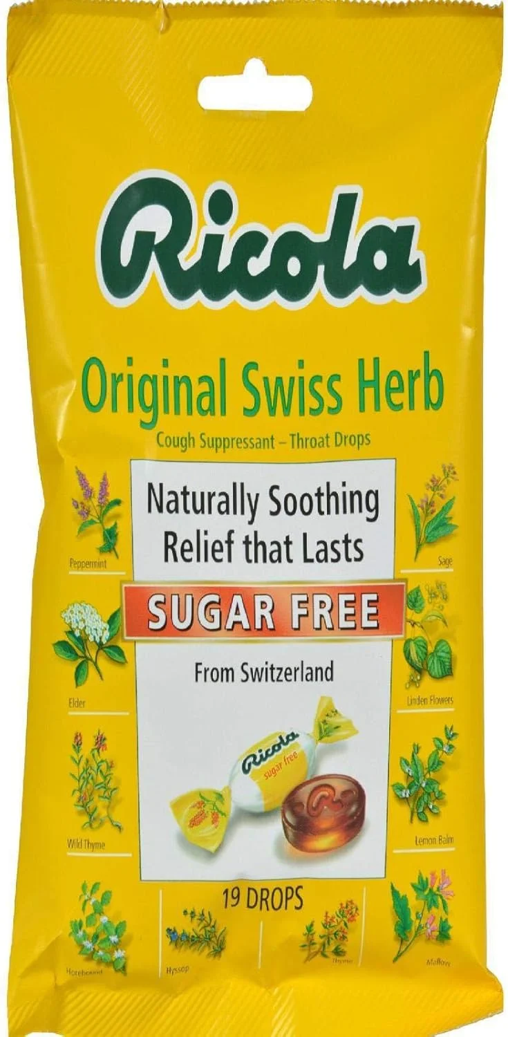 آبنبات گیاهی تسکین دهنده گلو ریکولا با طعم گیاهان سوئیسی، بدون شکر، بسته 19 عددی