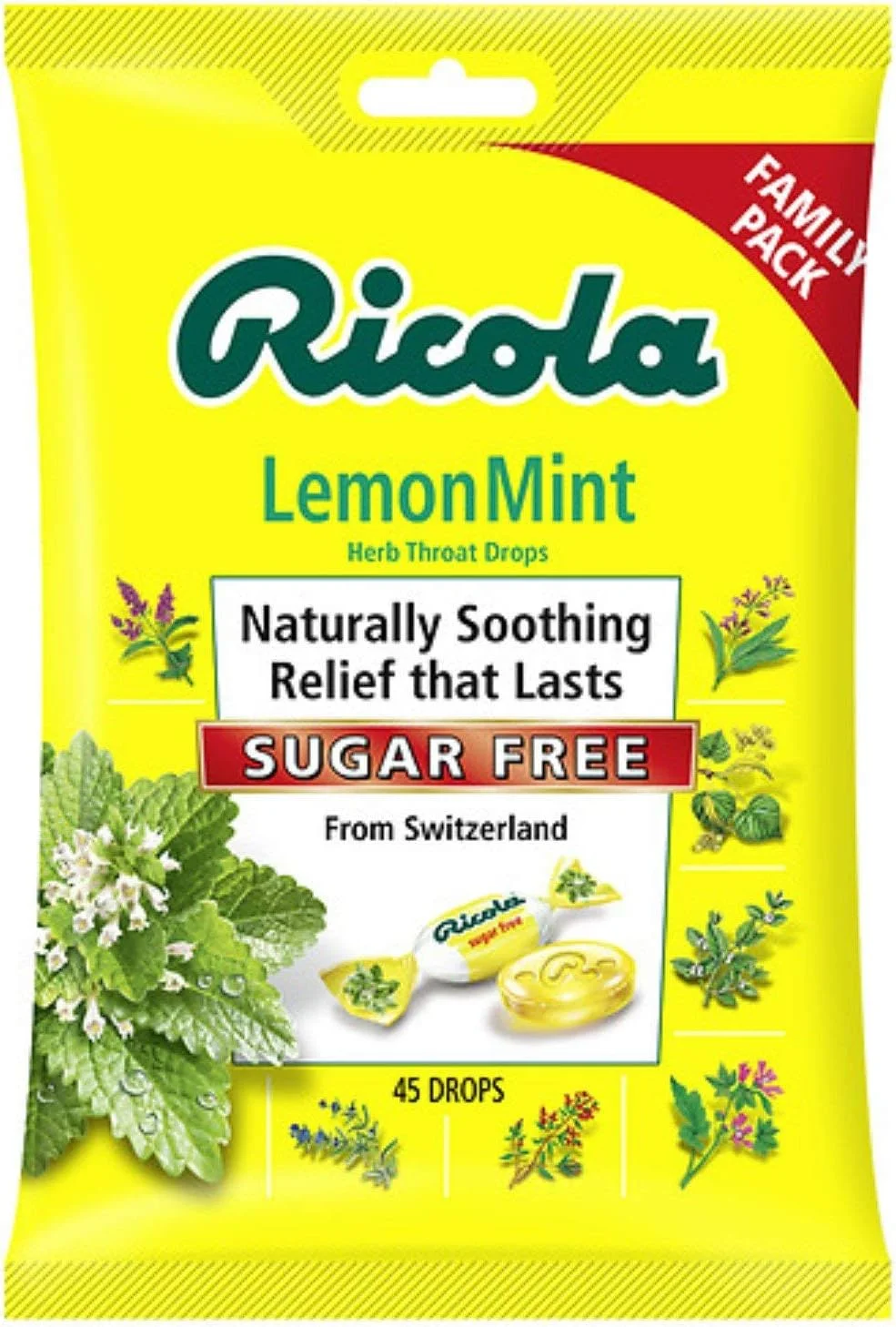 آبنبات گیاهی تسکین دهنده گلو ریکولا، بدون شکر، نعناع لیمویی 45 عددی (بسته 2 عددی)