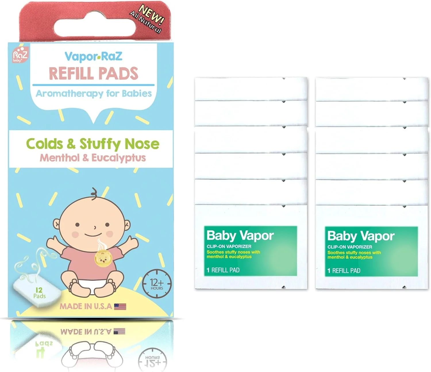 پدهای جایگزین بخور نعناع و اکالیپتوس RAZBABY برای تسکین سرفه و سرماخوردگی نوزاد - مناسب استفاده در منزل و بیرون از منزل / کاملا طبیعی / 12 عدد