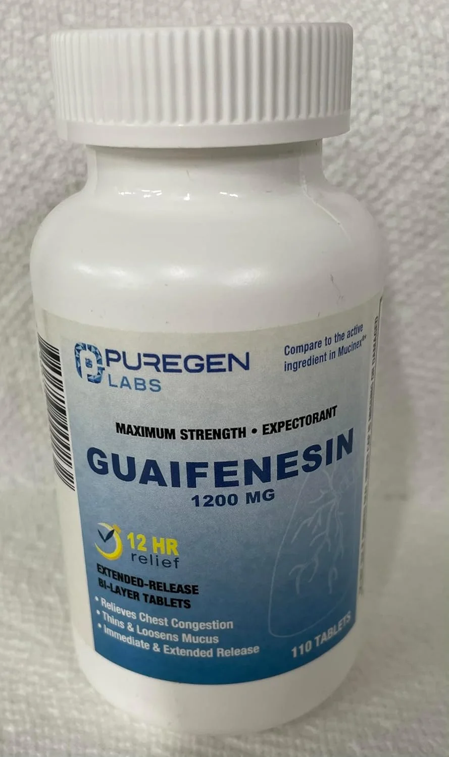 قرص های پیورژن لبز برای رفع احتقان سینه، با اثر 12 ساعته، گایافنزین 1200 میلی گرم، حداکثر قدرت | بسته اقتصادی 110 عددی | قرص های خلط آور برای رفع احتقان قفسه سینه