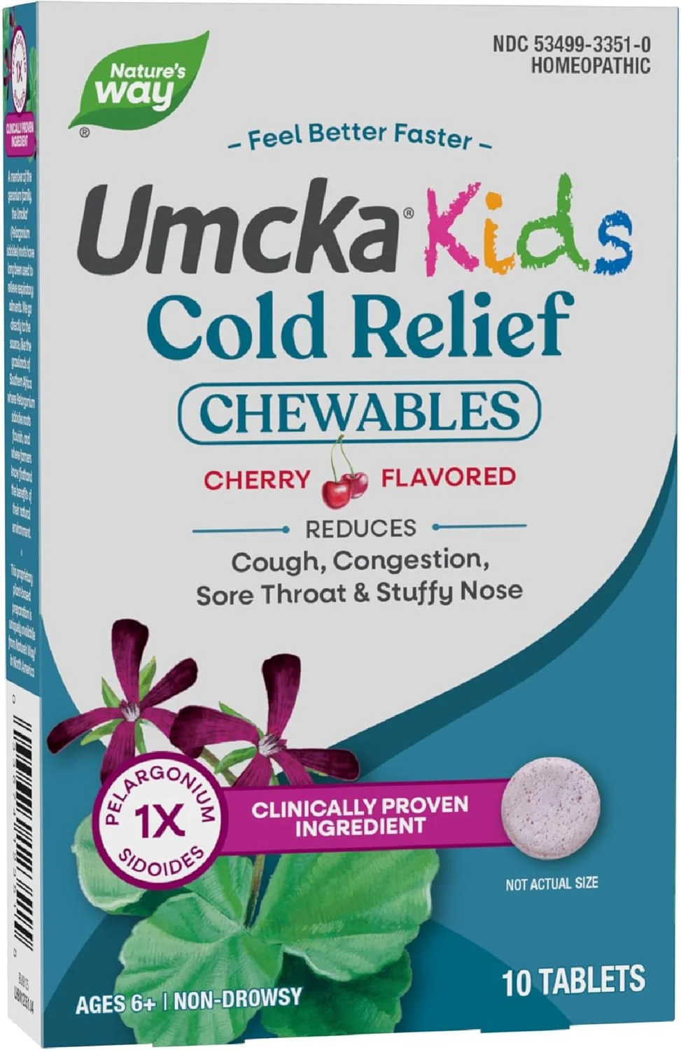 قرص های جویدنی تسکین دهنده سرماخوردگی کودکان Nature's Way، آمکا، برای سنین 6 سال به بالا، کاهش دهنده مدت و شدت علائم، درمان چند علامتی سرماخوردگی، بدون خواب آلودگی، با طعم گیلاس، 10 عدد