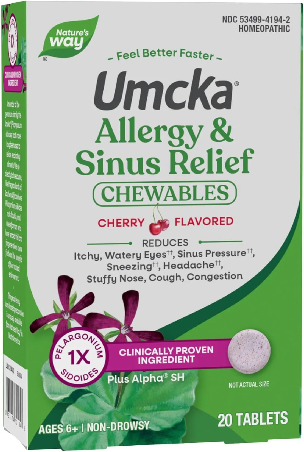 قرص های جویدنی هومیوپاتی آلرژی و سینوس Nature's Way Umcka - طعم گیلاس - 20 عدد