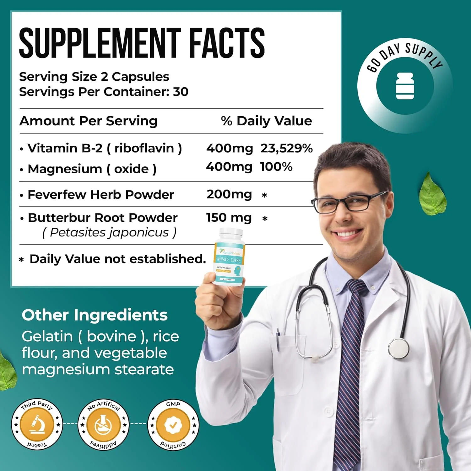 مکمل تسکین میگرن - ریشه باتربور بدون PA، ریبوفلاوین، منیزیم و کپسول های تاناستوم پارتنیوم - ترکیب منحصر به فرد Mind Ease برای پیشگیری از میگرن - 60 عدد