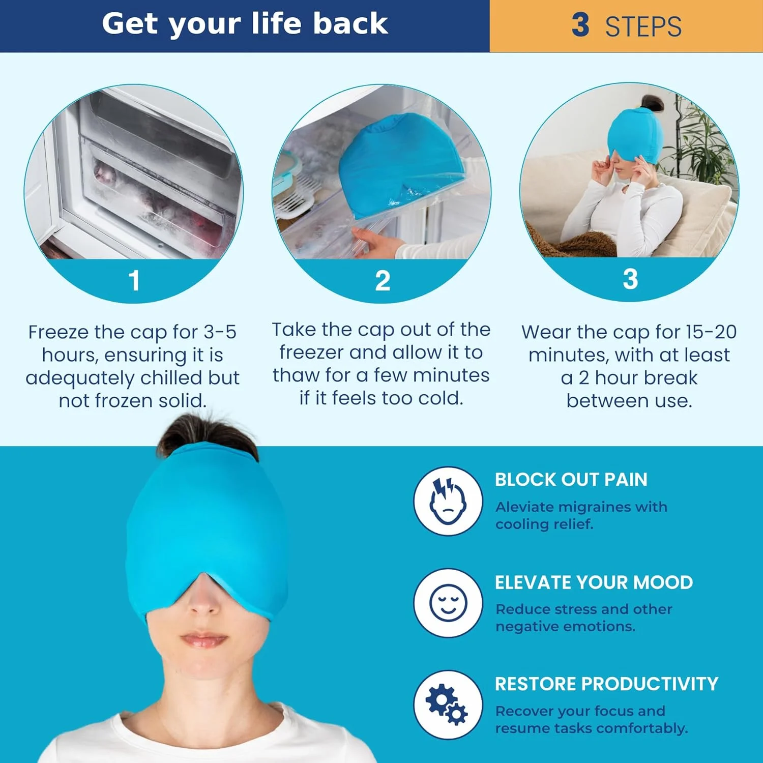 کلاه تسکین دهنده میگرن - ژل خنک کننده یخ پوشش 360 درجه بالا و کناره های سر - کلاه سردرد فورا تسکین می دهد - ماسک کلاه سرد بدون بو از Alevial