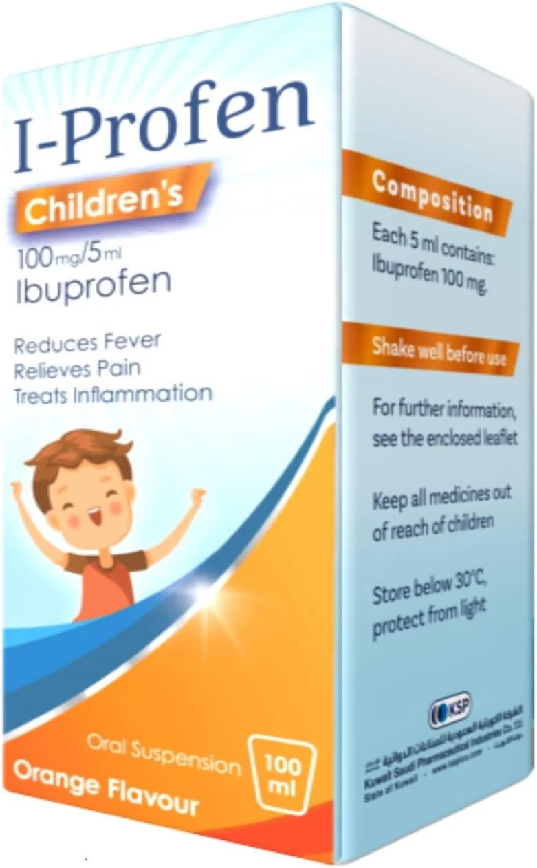 سوسپانسیون کودکان آی-پروفن 100 میلی گرم در 5 میلی لیتر، طعم توت فرنگی 100 میلی لیتر، ایبوپروفن، تسکین دهنده درد و درمان تب برای کودکان.