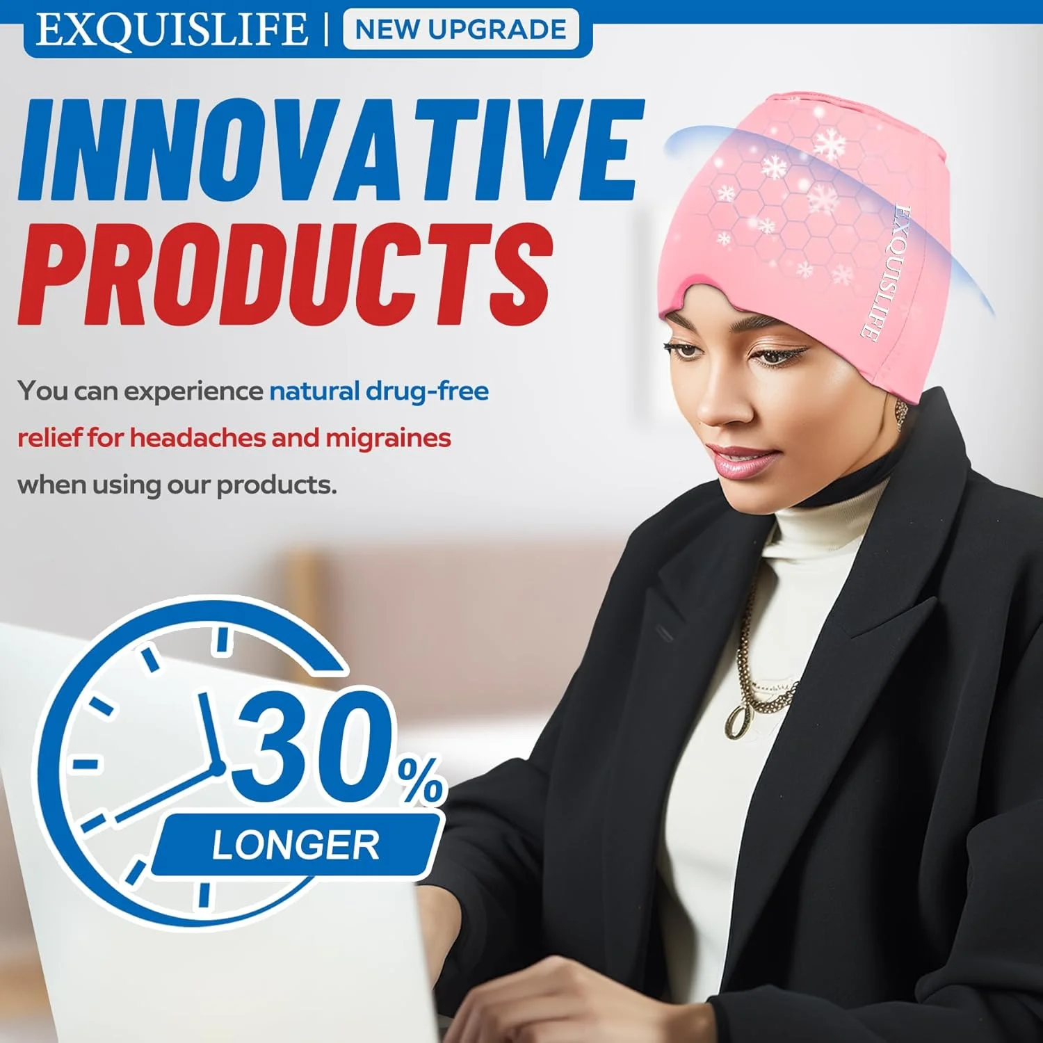 کلاه تسکین دهنده سردرد میگرنی EXQUISLIFE، کلاه یخی ژلی، درمان گرم و سرد، ماسک چشم سردرد برای سینوس، پف چشم، تسکین تنش و استرس (صورتی)