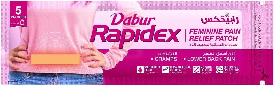 برچسب تسکین درد بانوان دابور Rapidex، 5 عدد در هر بسته | عملکرد سریع و تسکین طولانی مدت | برای گرفتگی عضلات، کمردرد و درد قاعدگی