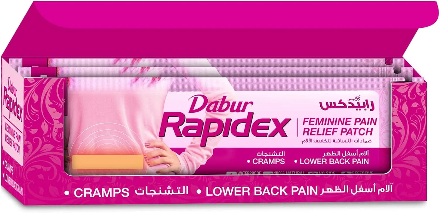برچسب تسکین درد بانوان دابور Rapidex، 5 عدد در هر بسته | عملکرد سریع و تسکین طولانی مدت | برای گرفتگی عضلات، کمردرد و درد قاعدگی