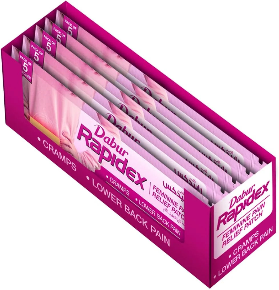 برچسب تسکین درد بانوان دابور Rapidex، 5 عدد در هر بسته | عملکرد سریع و تسکین طولانی مدت | برای گرفتگی عضلات، کمردرد و درد قاعدگی