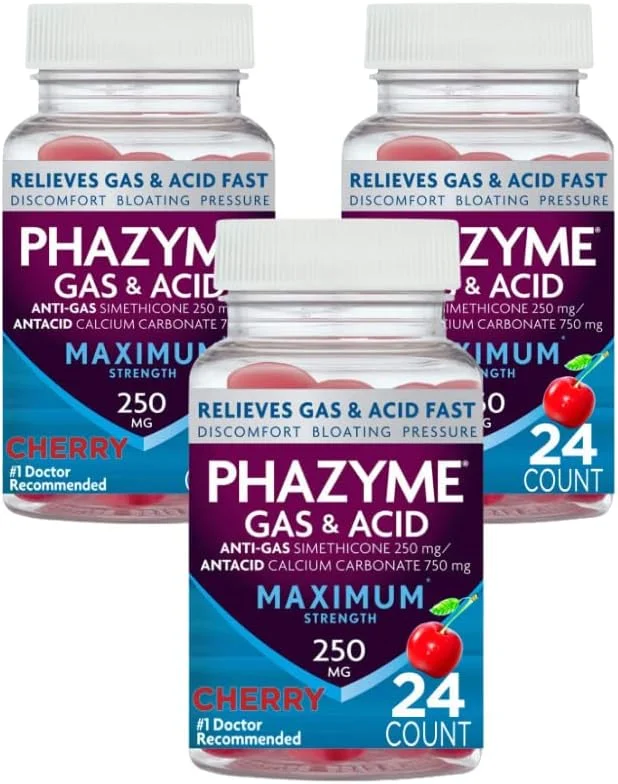 فازیم با قدرت حداکثر، تسکین دهنده نفخ و اسید، 24 عدد قرص جویدنی با طعم گیلاس (بسته بندی ممکن است متفاوت باشد) (بسته 3 عددی)