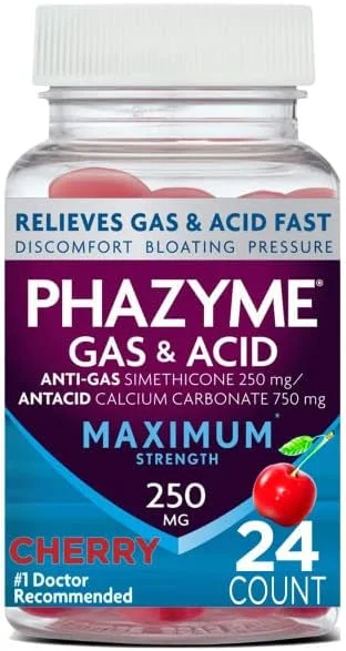 فازیم با قدرت حداکثر، تسکین دهنده نفخ و اسید، 24 عدد قرص جویدنی با طعم گیلاس (بسته بندی ممکن است متفاوت باشد) (بسته 3 عددی)