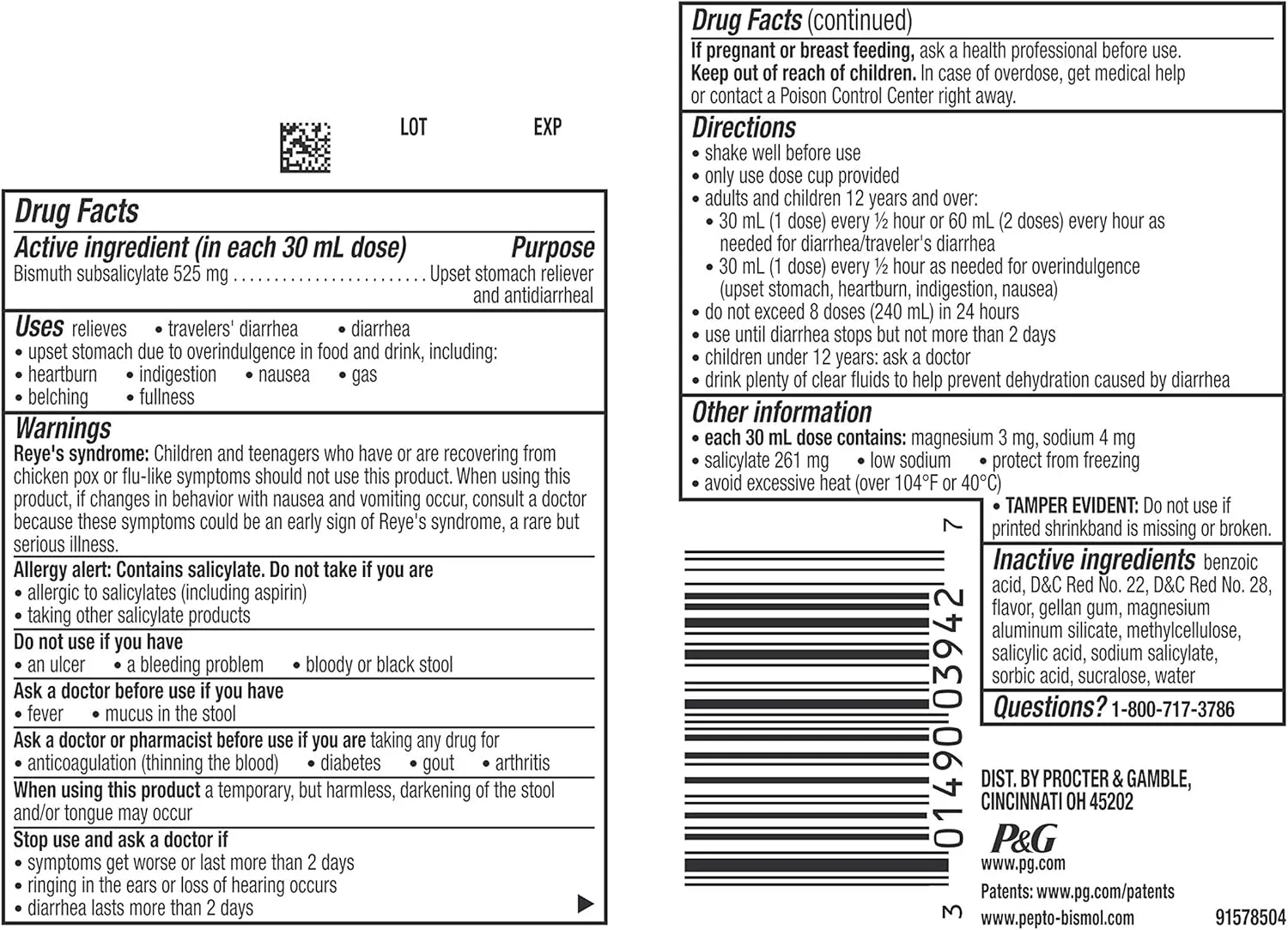 مایع پپتو بیسمول، حجم: ۳۵۵ میلی لیتر