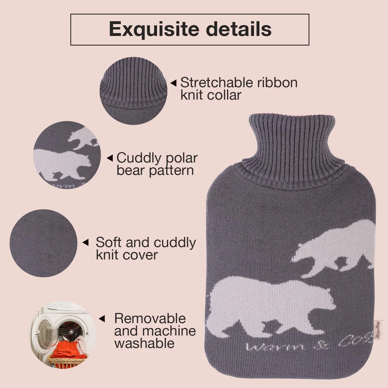 روکش بطری آب گرم 2 لیتری بافت نرم طرح خرس قطبی شیک HomeTop - فقط روکش (2 لیتر، خاکستری)