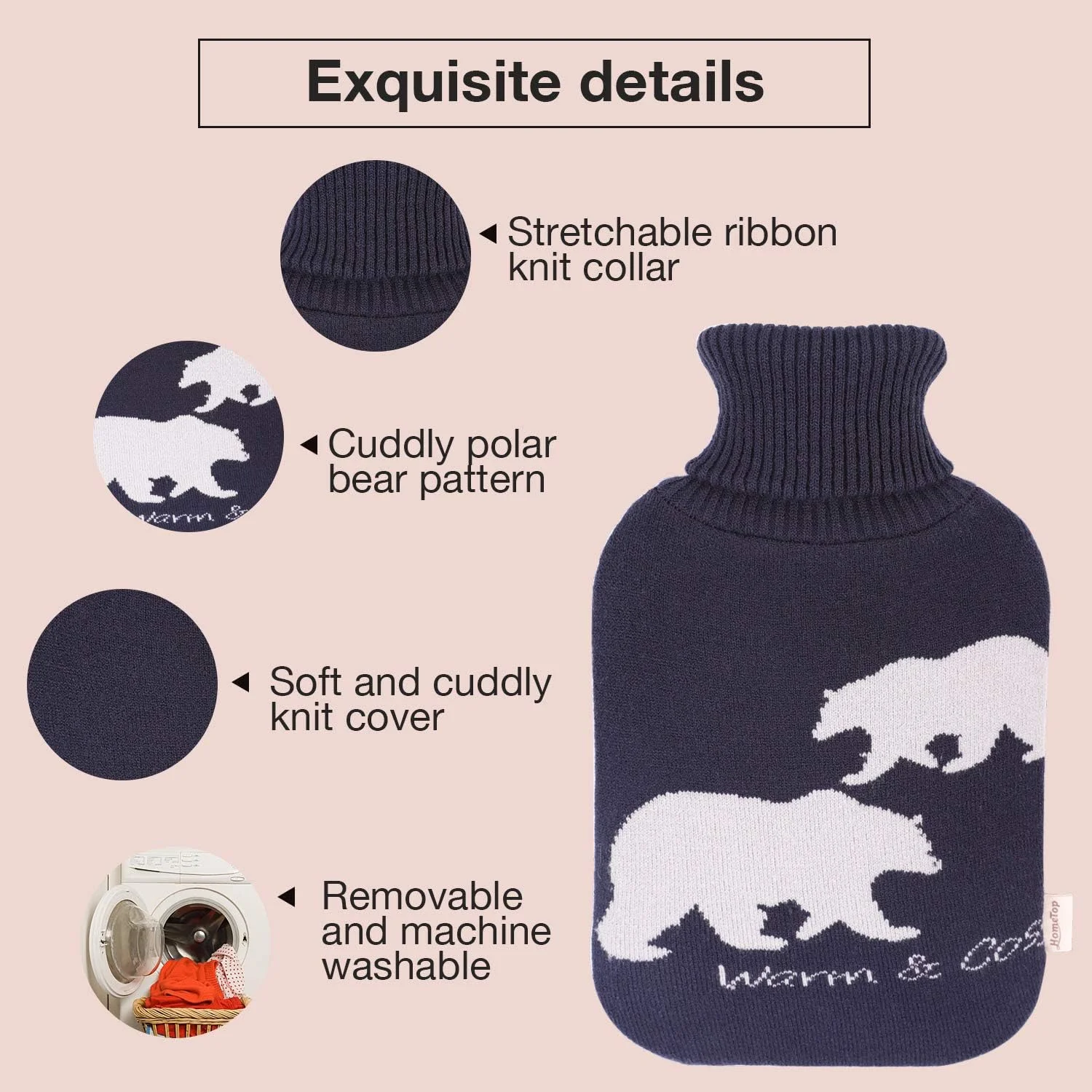 هوم تاپ، روکش بافتنی نرم و بزرگ 2 لیتری برای کیسه آب گرم طرح خرس قطبی شیک - فقط روکش (2 لیتر، آبی تیره)