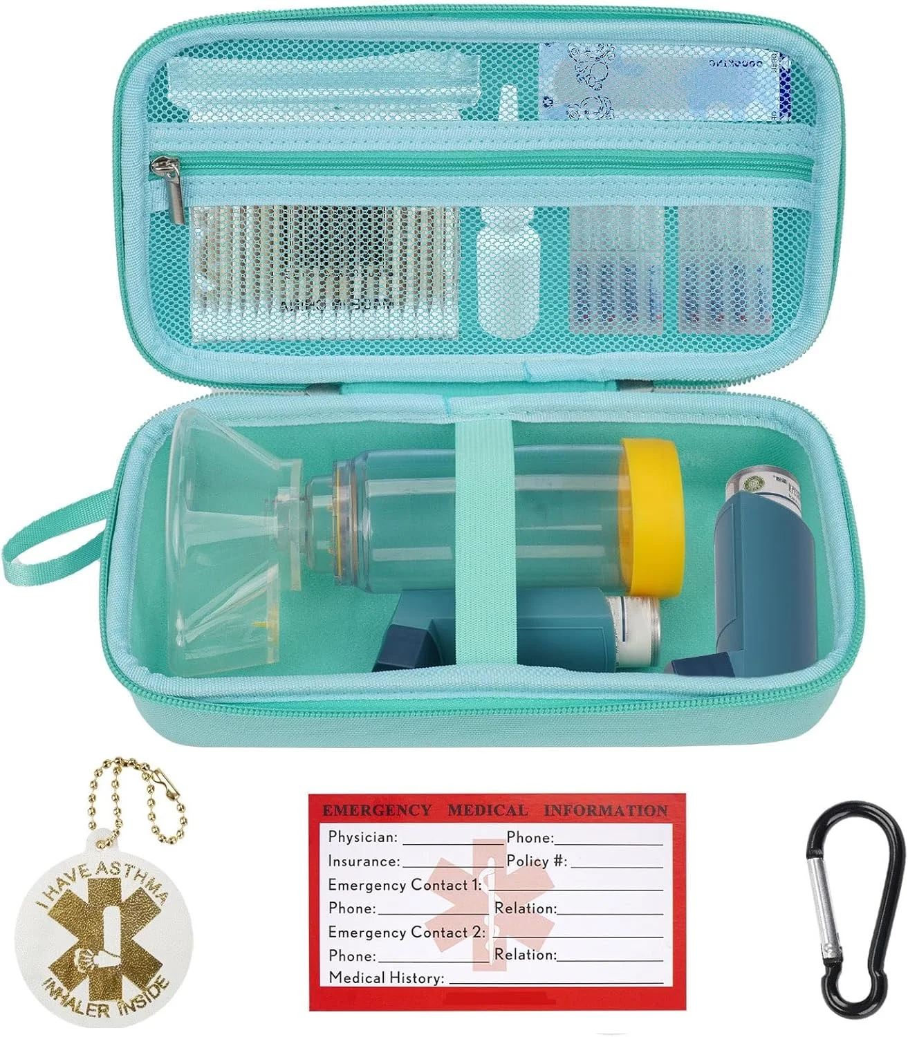 کیف حمل تجهیزات تنفسی YouKnow، مناسب برای اسپری، محفظه نگهدارنده برای بزرگسالان و کودکان، ماسک، دارای برچسب هشدار و کارت پزشکی، به همراه کارابین (فقط کیف) (سبز)