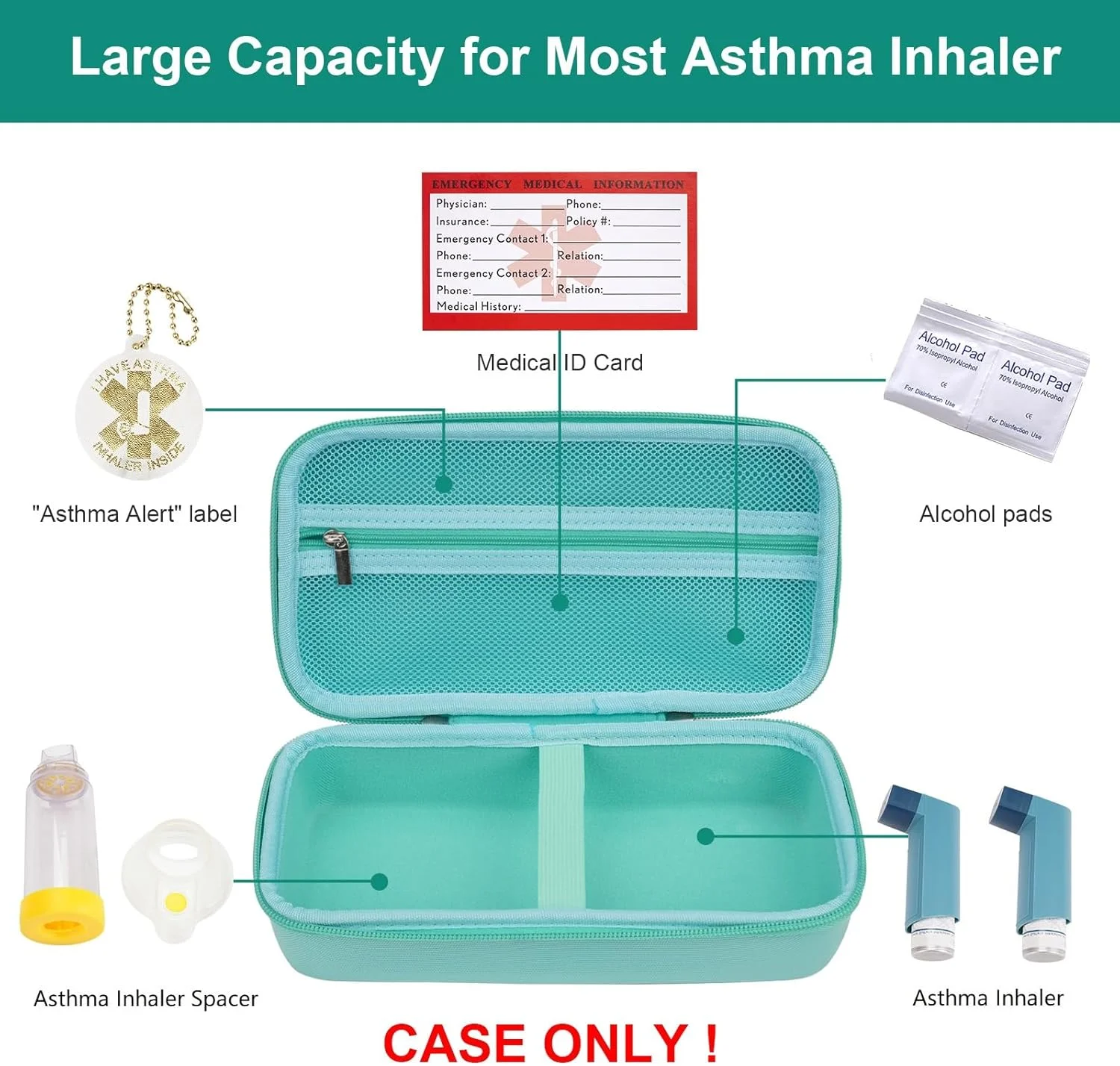 کیف حمل تجهیزات تنفسی YouKnow، مناسب برای اسپری، محفظه نگهدارنده برای بزرگسالان و کودکان، ماسک، دارای برچسب هشدار و کارت پزشکی، به همراه کارابین (فقط کیف) (سبز)