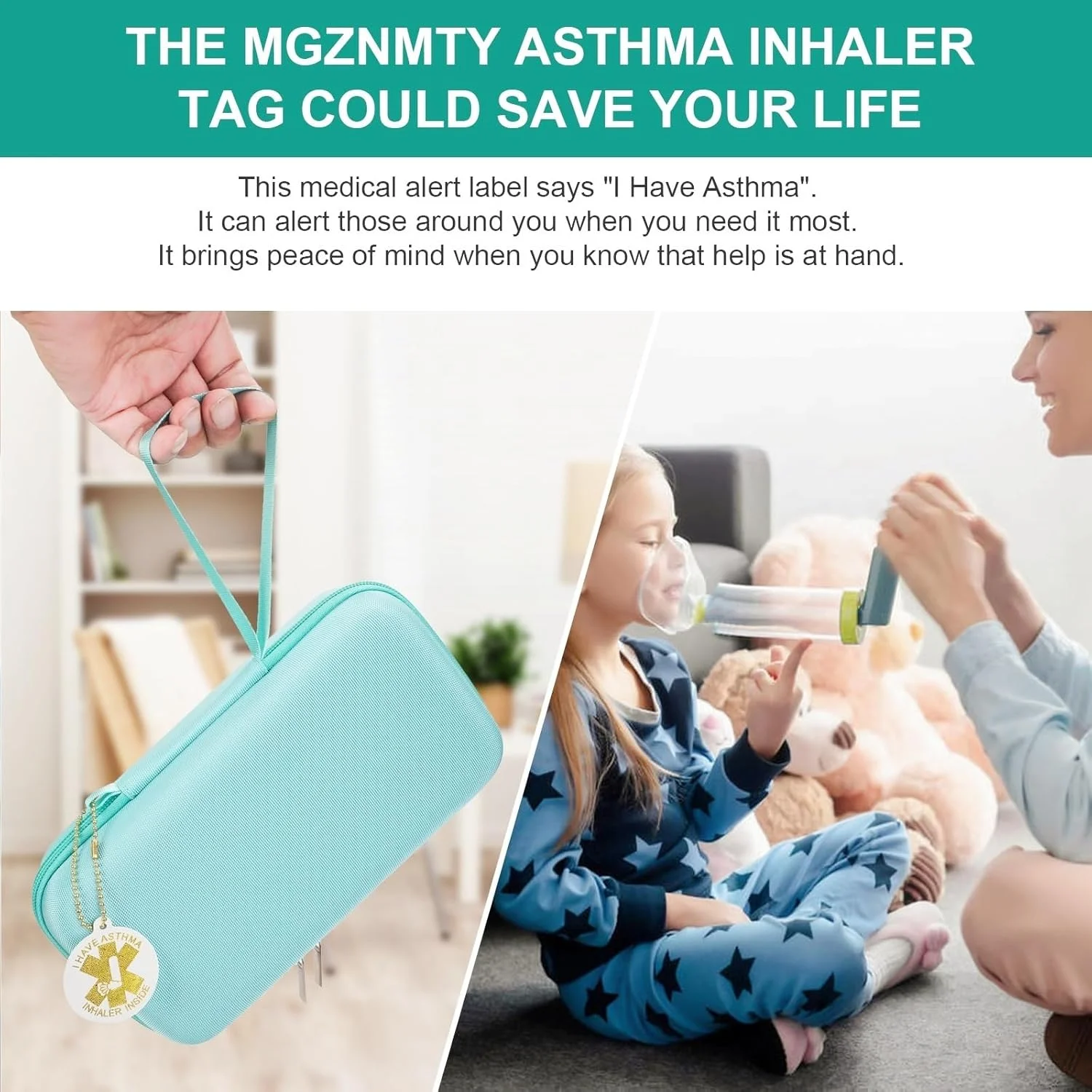 کیف حمل تجهیزات تنفسی YouKnow، مناسب برای اسپری، محفظه نگهدارنده برای بزرگسالان و کودکان، ماسک، دارای برچسب هشدار و کارت پزشکی، به همراه کارابین (فقط کیف) (سبز)