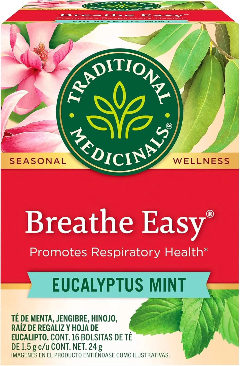 دمنوش گیاهی تنفسی ارگانیک Traditional Medicinals | 16 کیسه چای | اکالیپتوس نعناع | تقویت کننده سلامت تنفسی | بدون کافئین