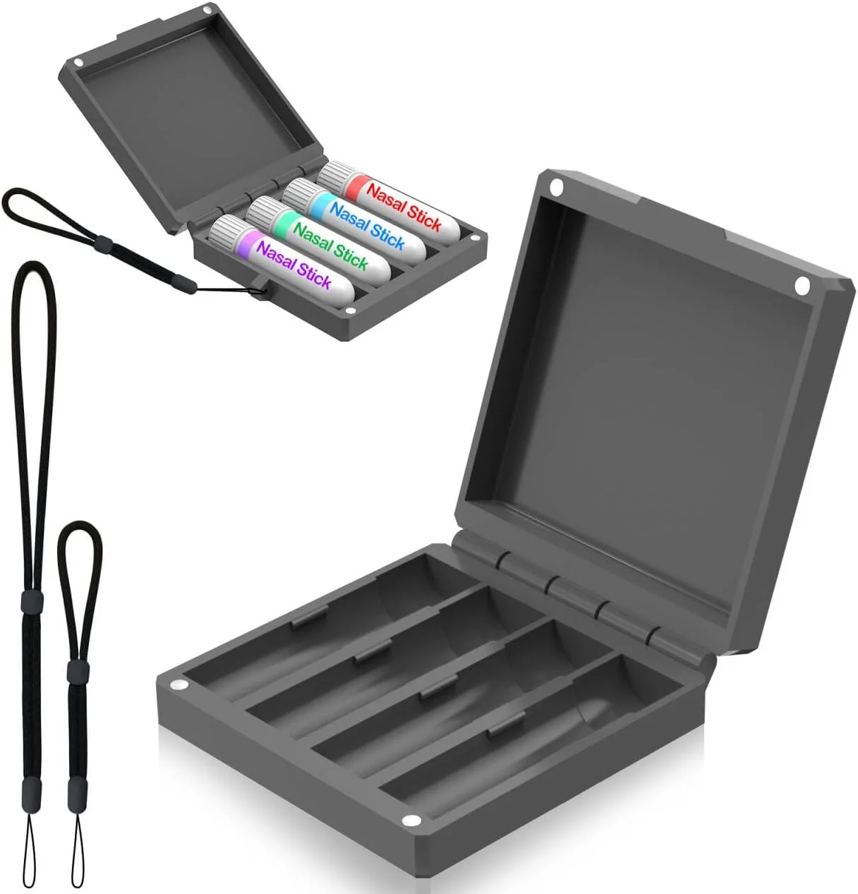 جعبه نگهداری چوب بینی، چهار محفظه، ست بند گردنی ضد گم شدن برای چوب استنشاقی بینی، سازگار با اکثر برندهای ست چوب بینی، 2 مدل بند گردنی، جعبه نگهداری مغناطیسی برای چوب استنشاقی بینی