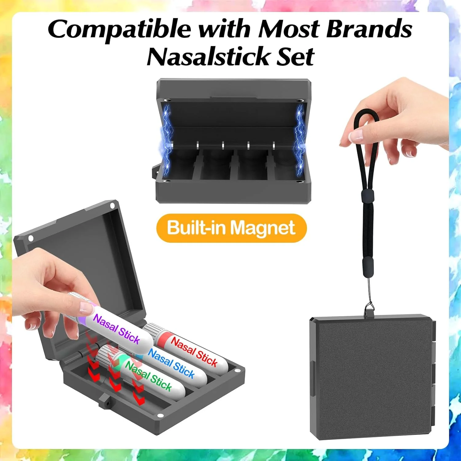 جعبه نگهداری چوب بینی، چهار محفظه، ست بند گردنی ضد گم شدن برای چوب استنشاقی بینی، سازگار با اکثر برندهای ست چوب بینی، 2 مدل بند گردنی، جعبه نگهداری مغناطیسی برای چوب استنشاقی بینی