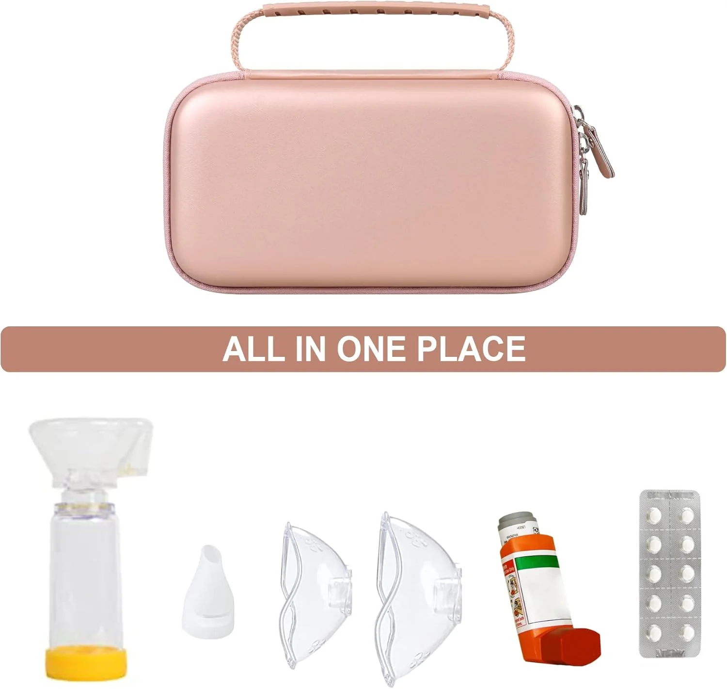 کیف سخت برای اسپری آسم، نگهدارنده دستی برای کودکان و بزرگسالان، ماسک، کیف حمل اسپری آسم با جیب توری مناسب برای دارو و لوازم جانبی، رزگلد