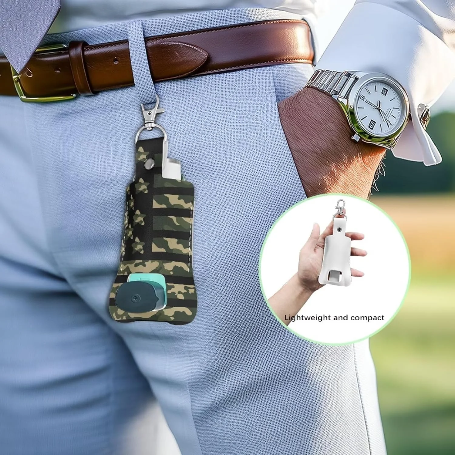 کیف حمل اسپری تنفسی طرح استتار پرچم آمریکا، مناسب بزرگسالان، کیف مسافرتی چرمی ضد آب کوچک و سخت برای حمل آسان