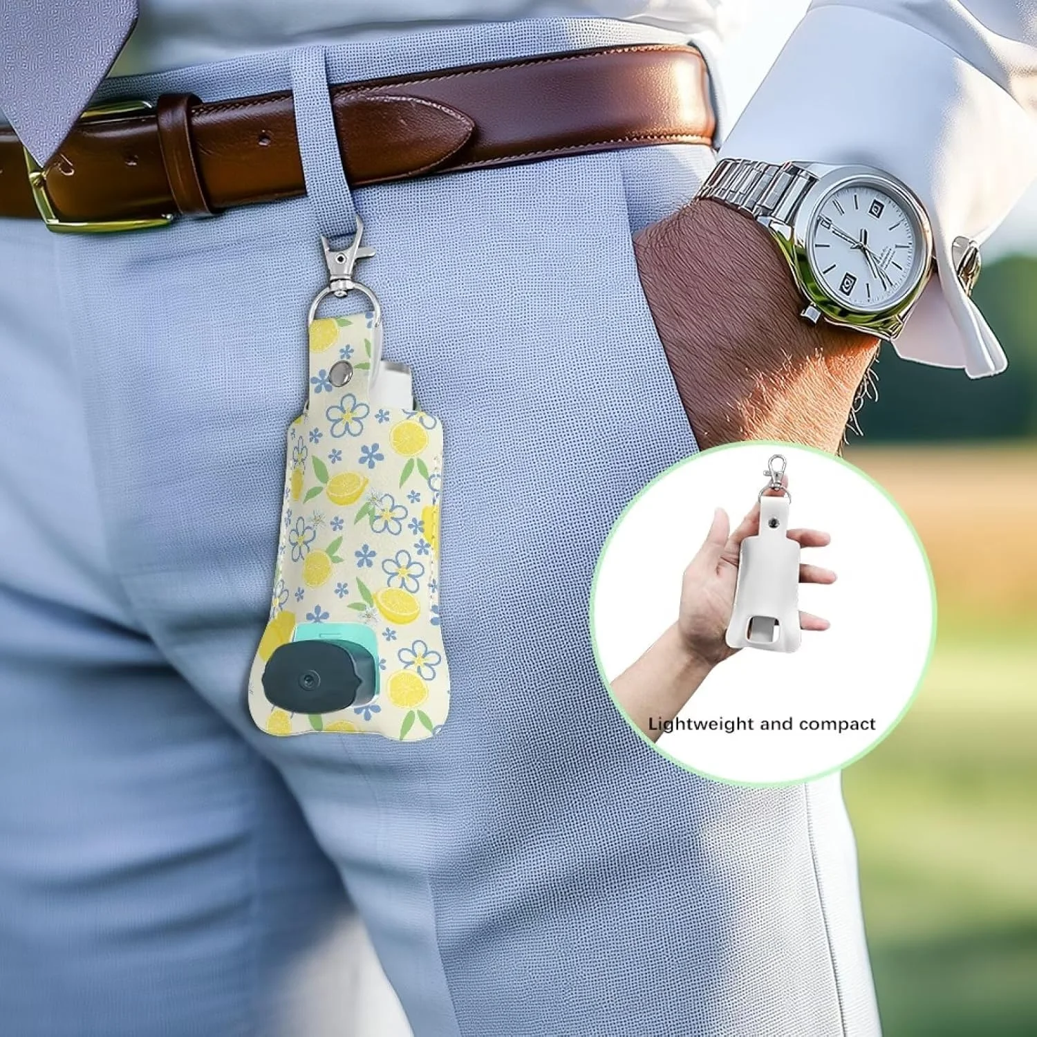 جاکلیدی نگهدارنده اسپری تنفسی کودکانه طرح گل و لیمو، کیف چرمی PU ضد آب و جمع و جور برای اسپری های دستی (اسپری شامل نمی شود)