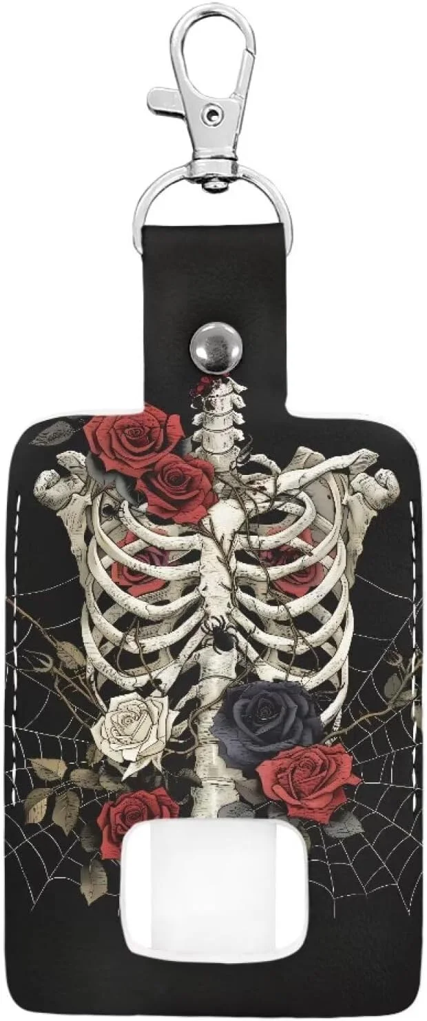 جاکلیدی کیف حمل اسپری تنفسی طرح اسکلت و گل رز، جا اسپری چرمی PU ضد آب