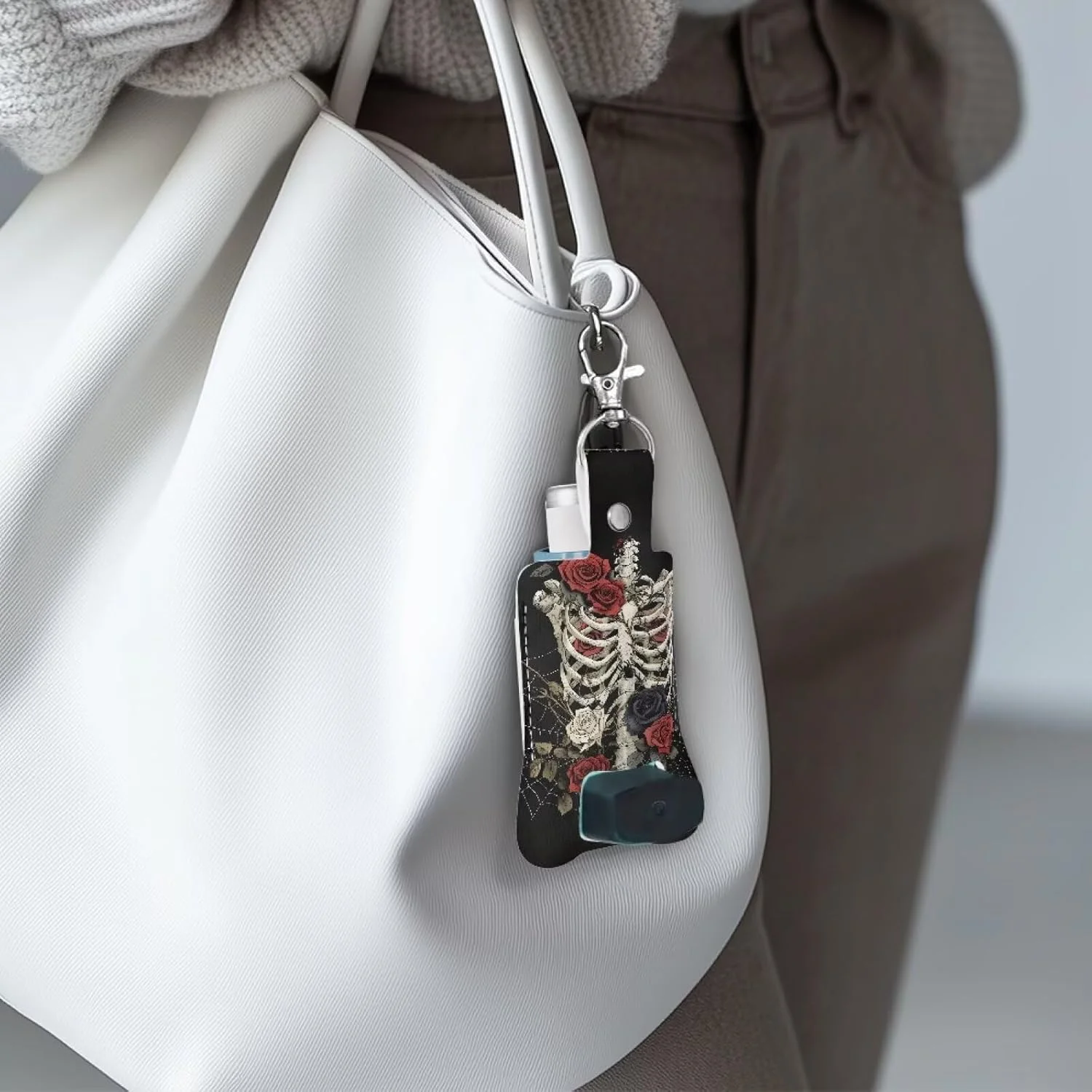 جاکلیدی کیف حمل اسپری تنفسی طرح اسکلت و گل رز، جا اسپری چرمی PU ضد آب