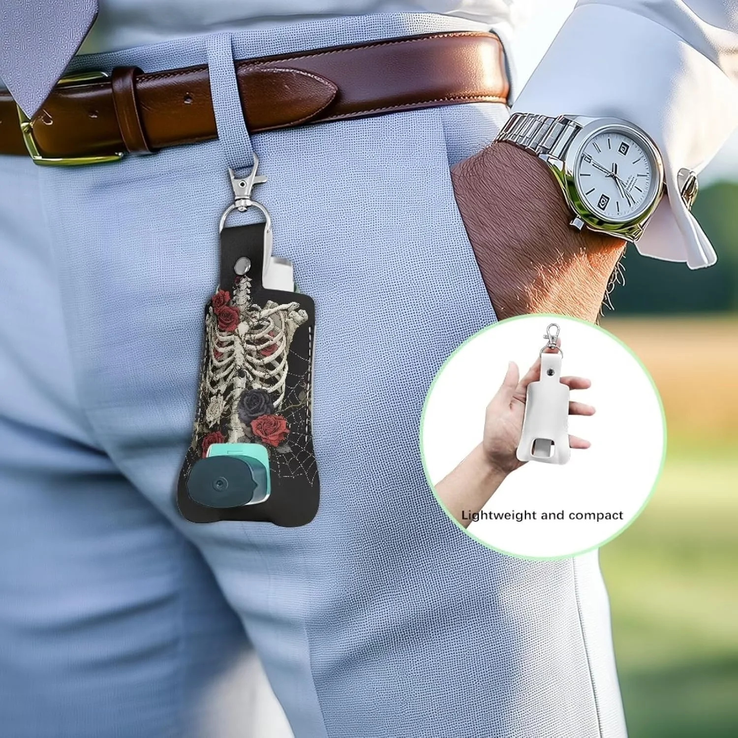 جاکلیدی کیف حمل اسپری تنفسی طرح اسکلت و گل رز، جا اسپری چرمی PU ضد آب