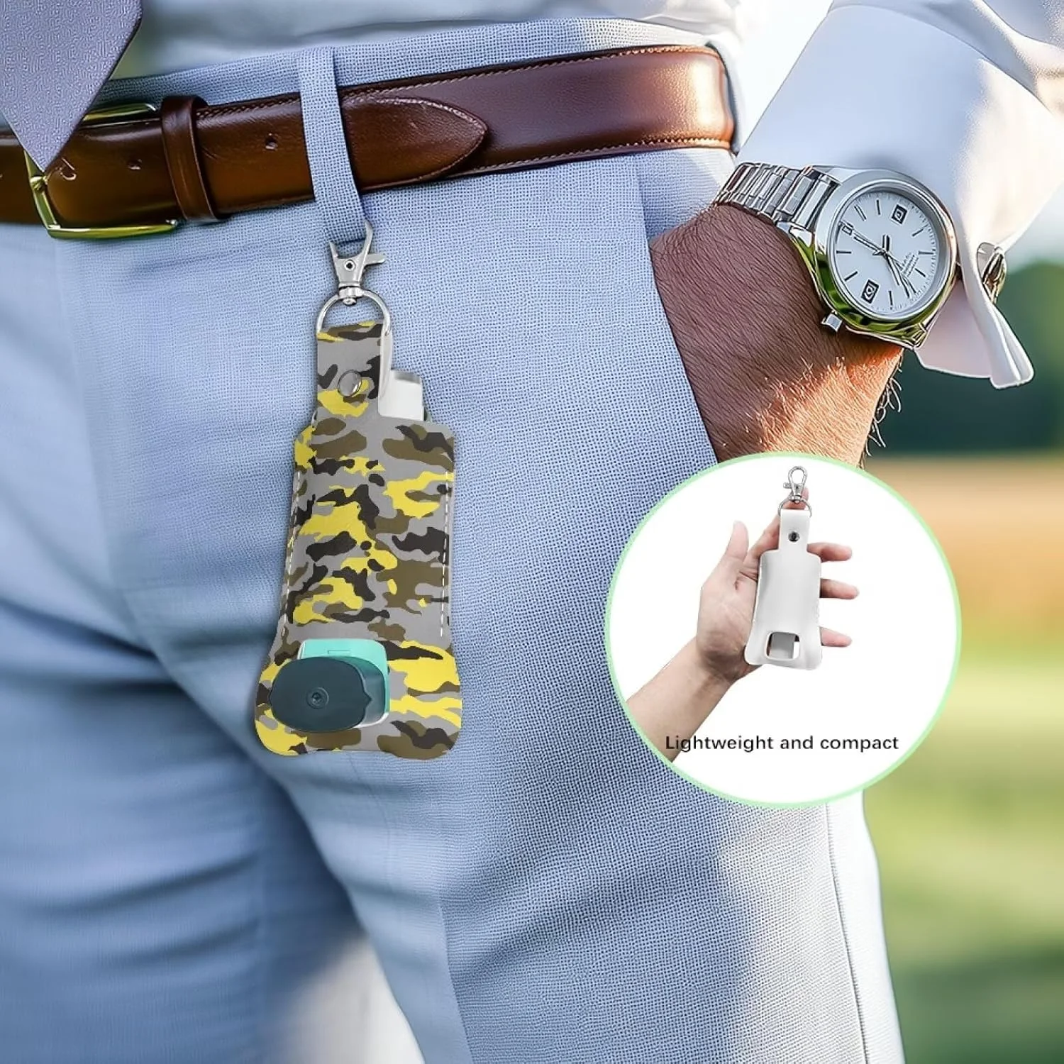 جاکلیدی نگهدارنده استنشاقی طرح استتار زرد Rnyleeg برای بزرگسالان، کیف چرمی PU ضدآب برای کودکان (بدون اسپری)