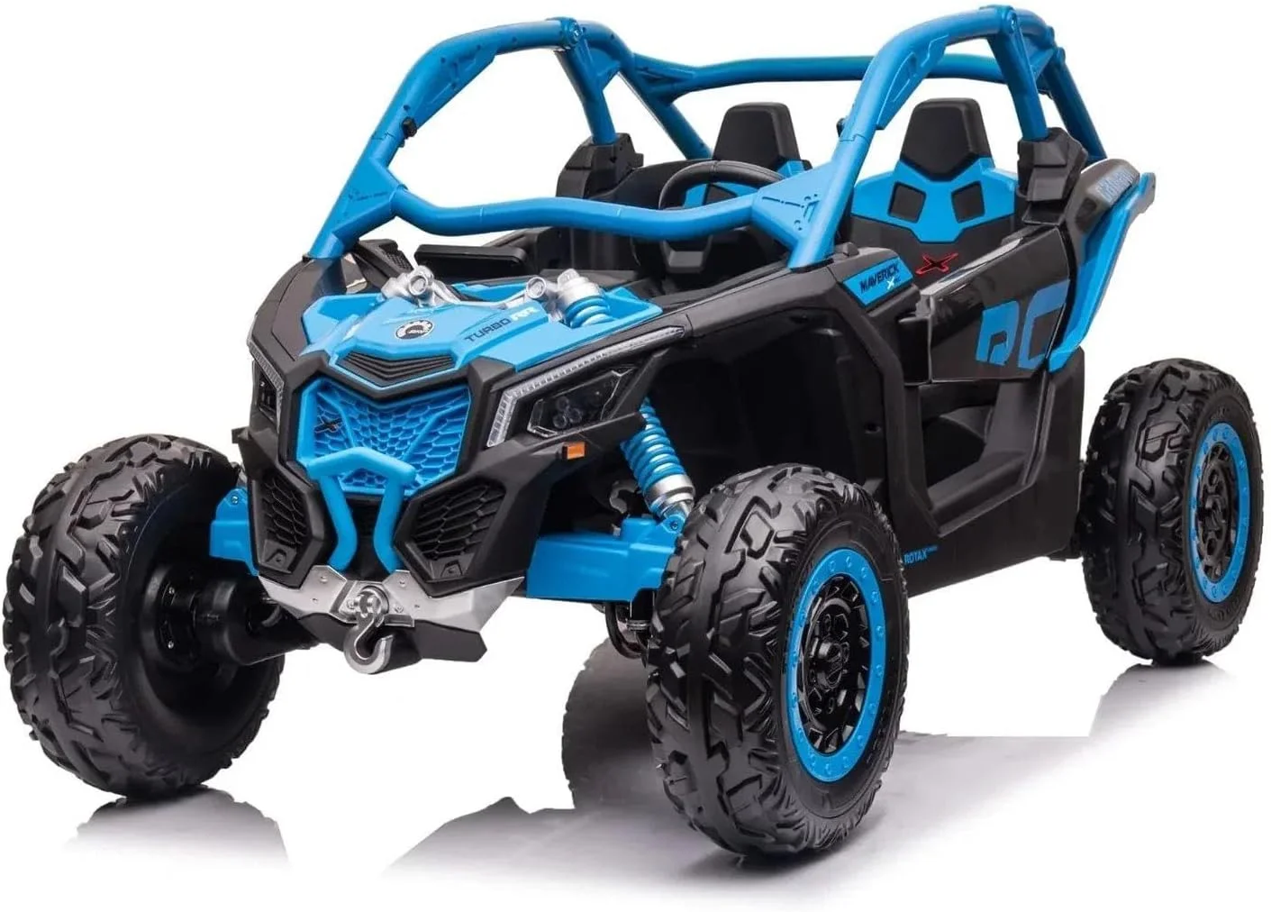 ماشین بازی دو سرنشینه کن-ام ماوریک 24 ولت برای کودکان، چراغ LED، کنترل از راه دور، MP3، چرخ های EVA (آبی)