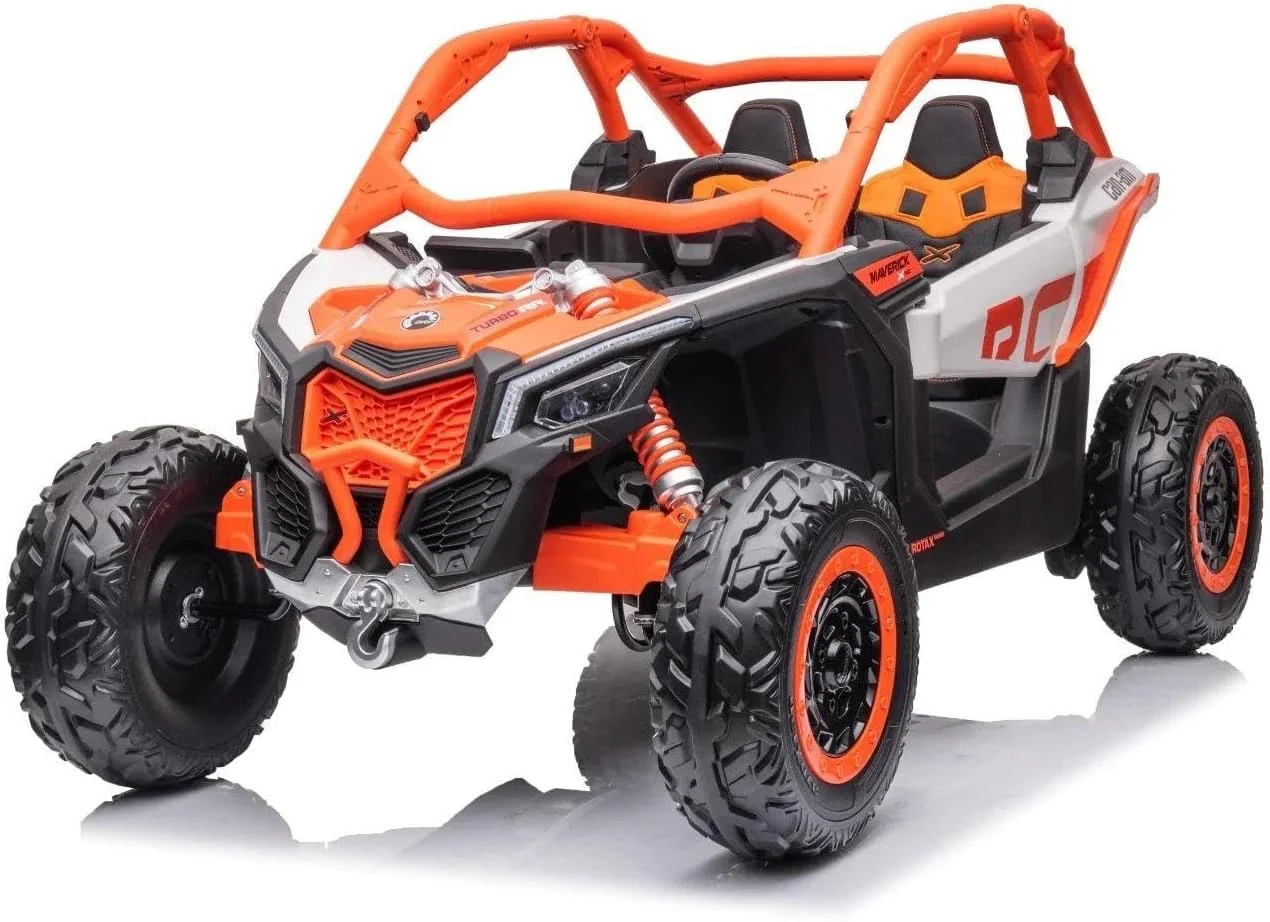 ماشین بازی دو نفره کان-ام ماوریک 24 ولت برای کودکان، چراغ ال ای دی، کنترل از راه دور، MP3، چرخ های EVA (نارنجی)