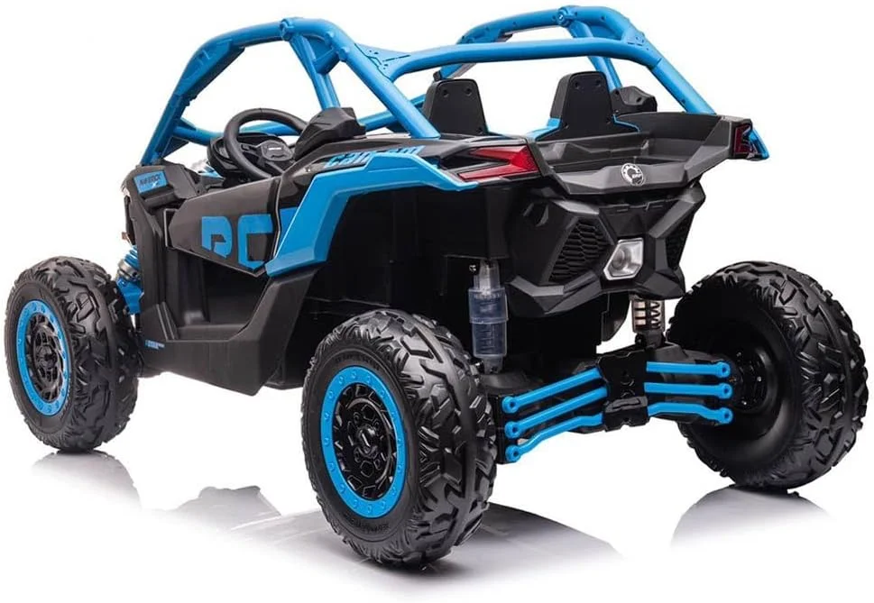 ماشین بازی دو سرنشینه کن-ام ماوریک 24 ولت برای کودکان، چراغ LED، کنترل از راه دور، MP3، چرخ های EVA (آبی)