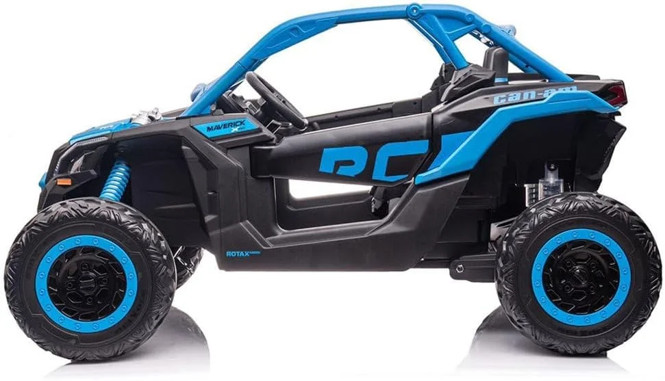 ماشین بازی دو سرنشینه کن-ام ماوریک 24 ولت برای کودکان، چراغ LED، کنترل از راه دور، MP3، چرخ های EVA (آبی)