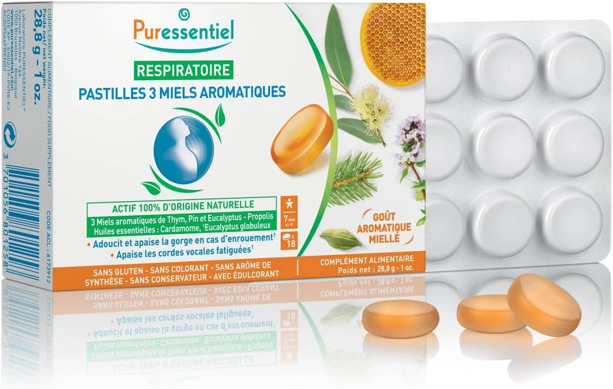 قرص های خوشبو کننده تنفسی Purenessentiel با ۳ عسل معطر | غنی شده با عسل آویشن، کاج و اکالیپتوس | تسکین دهنده ناراحتی گلو | طعم عسل معطر | ۱۸ قرص | ۲۸.۸ گرم