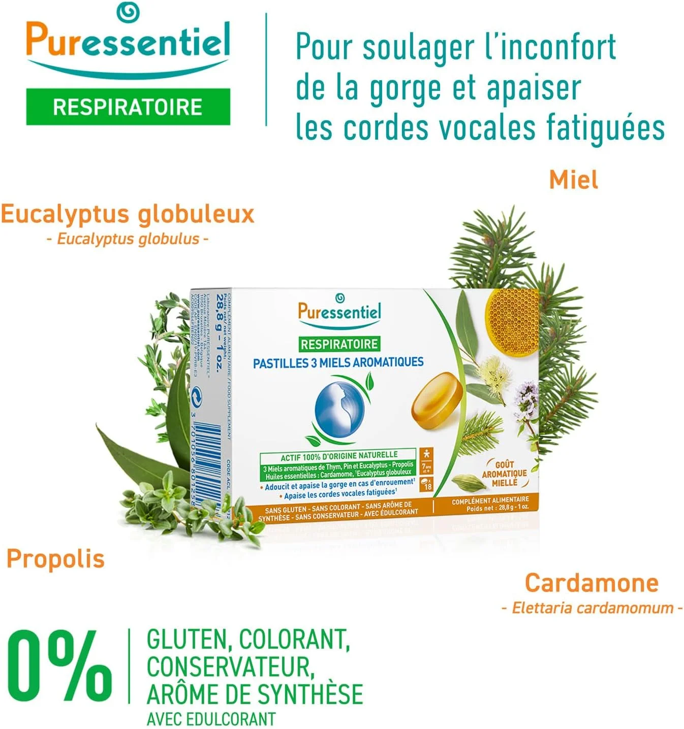 قرص های خوشبو کننده تنفسی Purenessentiel با ۳ عسل معطر | غنی شده با عسل آویشن، کاج و اکالیپتوس | تسکین دهنده ناراحتی گلو | طعم عسل معطر | ۱۸ قرص | ۲۸.۸ گرم