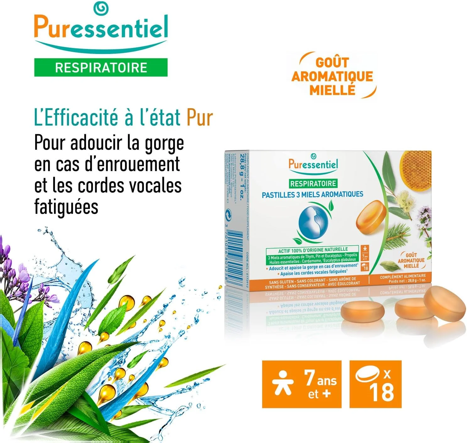 قرص های خوشبو کننده تنفسی Purenessentiel با ۳ عسل معطر | غنی شده با عسل آویشن، کاج و اکالیپتوس | تسکین دهنده ناراحتی گلو | طعم عسل معطر | ۱۸ قرص | ۲۸.۸ گرم