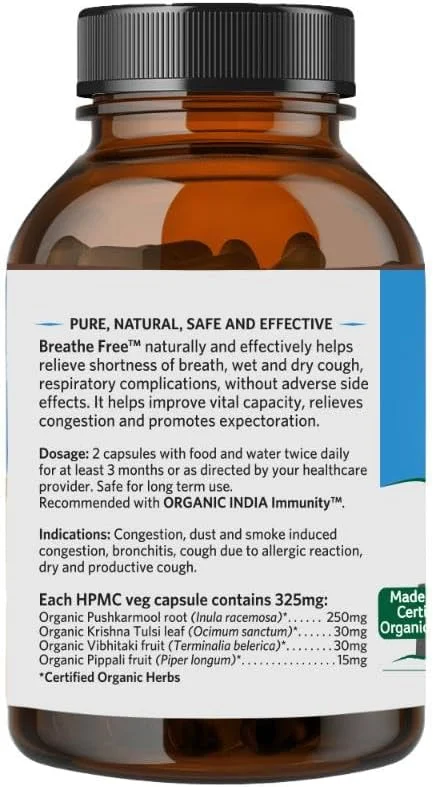 کپسول آیورودا تنفس آسان ارگانیک ایندیا || اختلالات تنفسی و احتقان || تنگی نفس || محافظت از ریه ها در برابر آلودگی || تسکین دهنده آلرژی و سرفه - 180 کپسول