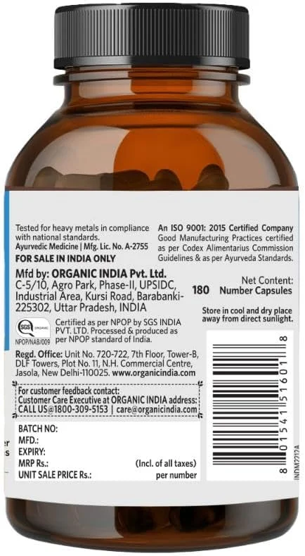 کپسول آیورودا تنفس آسان ارگانیک ایندیا || اختلالات تنفسی و احتقان || تنگی نفس || محافظت از ریه ها در برابر آلودگی || تسکین دهنده آلرژی و سرفه - 180 کپسول