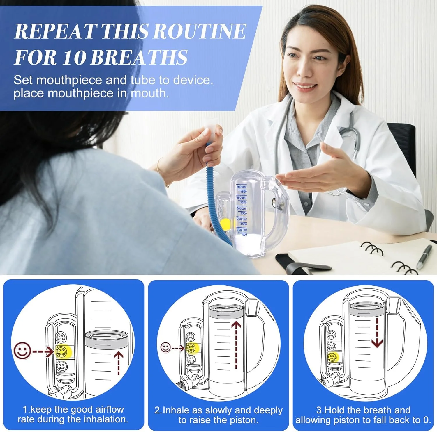 دستگاه تمرین تنفسی برای ریه ها، تمرین دهنده تنفس عمیق برای کودکان و بزرگسالان، اندازه گیری حجم 5000 میلی لیتر با نشانگر میزان جریان.