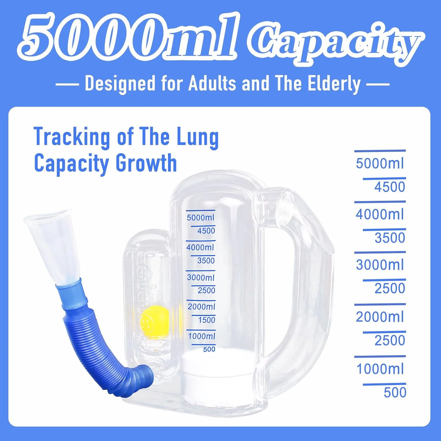 دستگاه تمرین تنفسی برای ریه ها، تمرین دهنده تنفس عمیق برای کودکان و بزرگسالان، اندازه گیری حجم 5000 میلی لیتر با نشانگر میزان جریان.