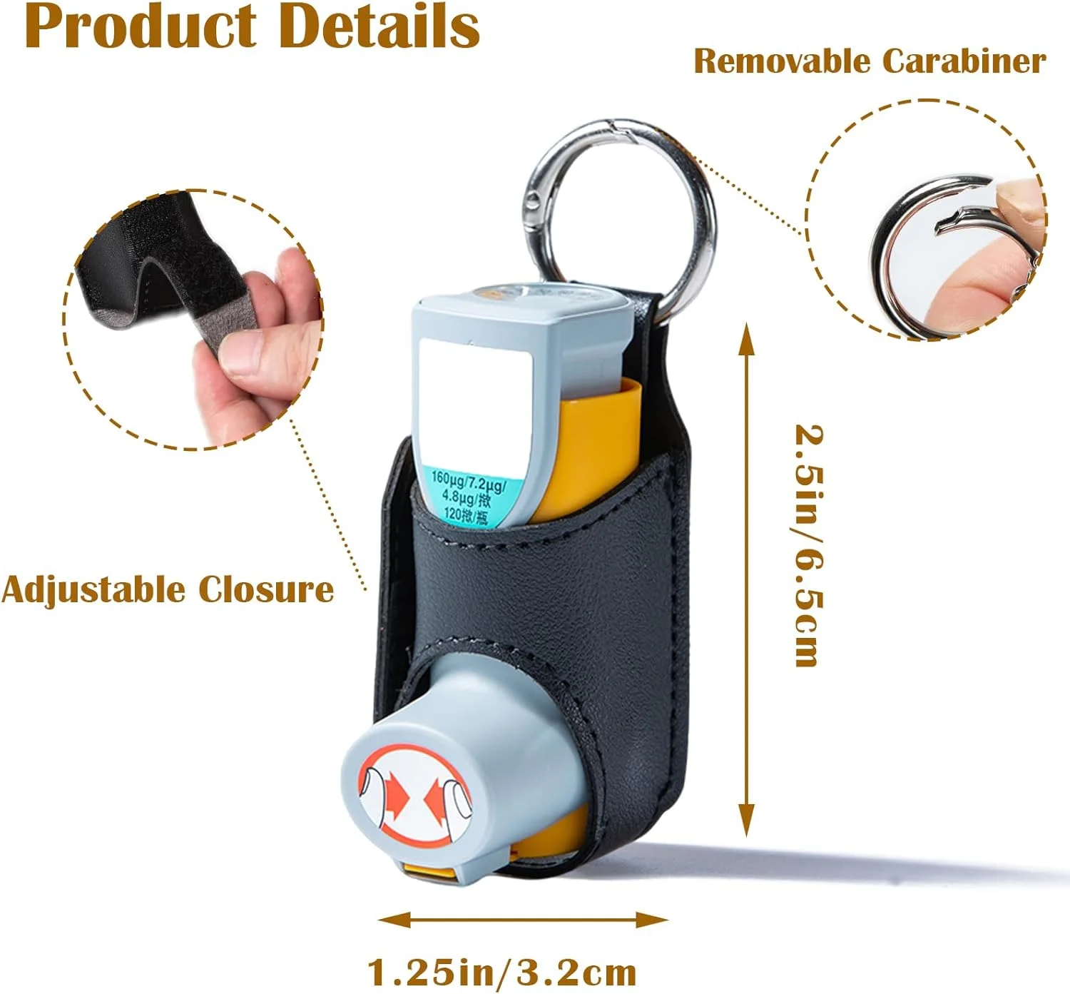 کیف نگهدارنده اسپری تنفسی - کیف چرمی PU با گیره کارابین، کیف مسافرتی قابل حمل برای بزرگسالان و کودکان (اسپری تنفسی شامل نمی شود) مشکی