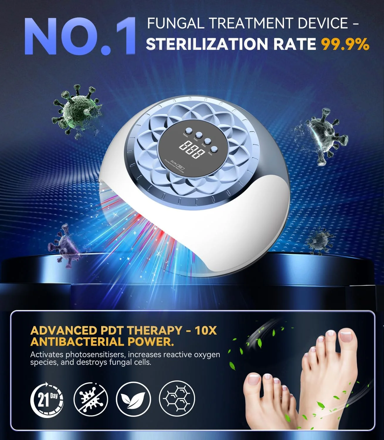 دستگاه لیزر قارچ ناخن 2025 مدل ارتقا یافته S9 با قابلیت نمایش زمان (10 دقیقه/7 دقیقه/5 دقیقه/3 دقیقه) مجهز به 15 LED نور مادون قرمز 405 نانومتری + 42 LED نور آبی 365 نانومتری برای درمان قارچ ناخن پا، ایمن و مطمئن (آبی)
