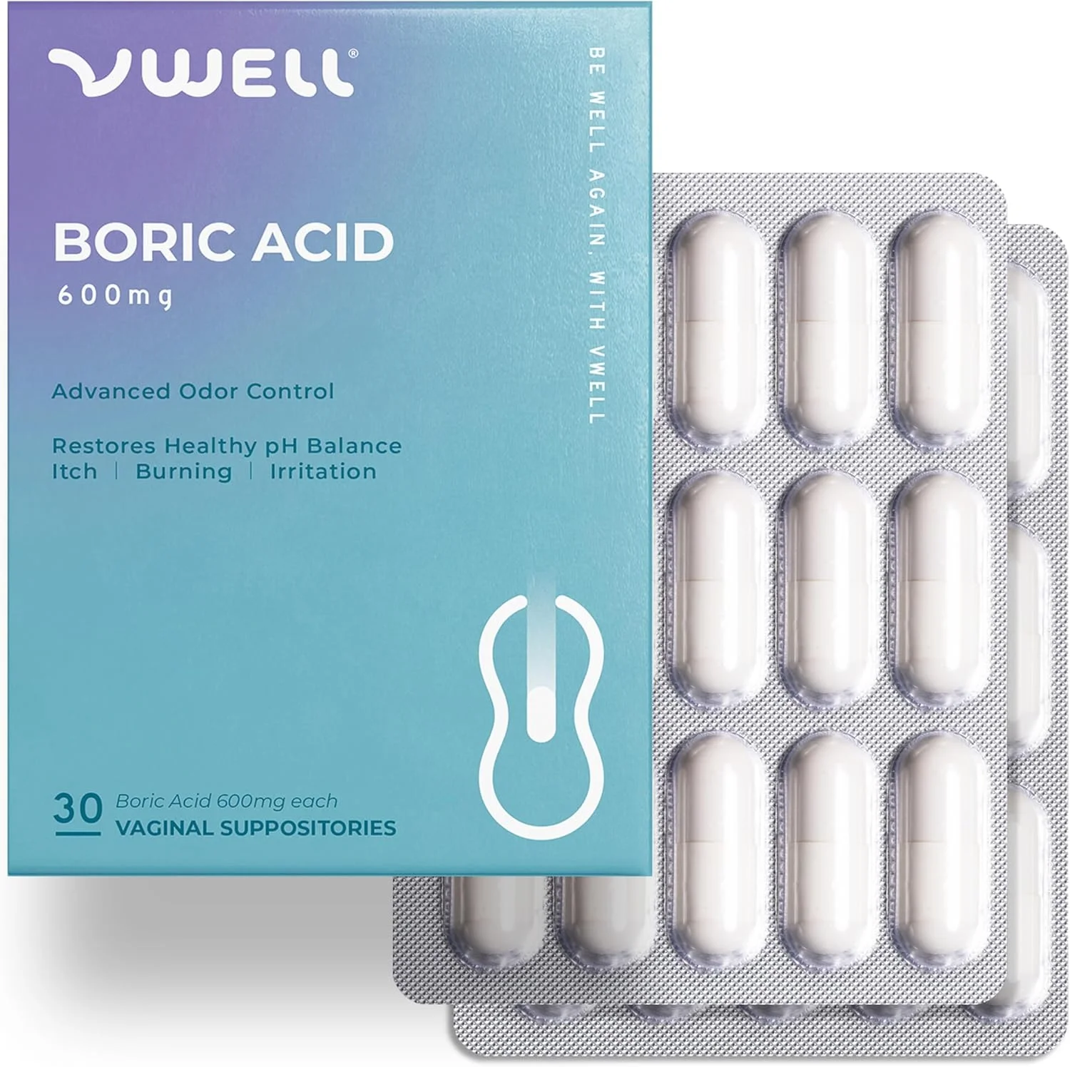 شیاف اسید بوریک VWELL، بسته 30 عددی - حفظ و تعادل pH و میکروبیوم سالم برای کنترل بو، خارش، سوزش و تحریک