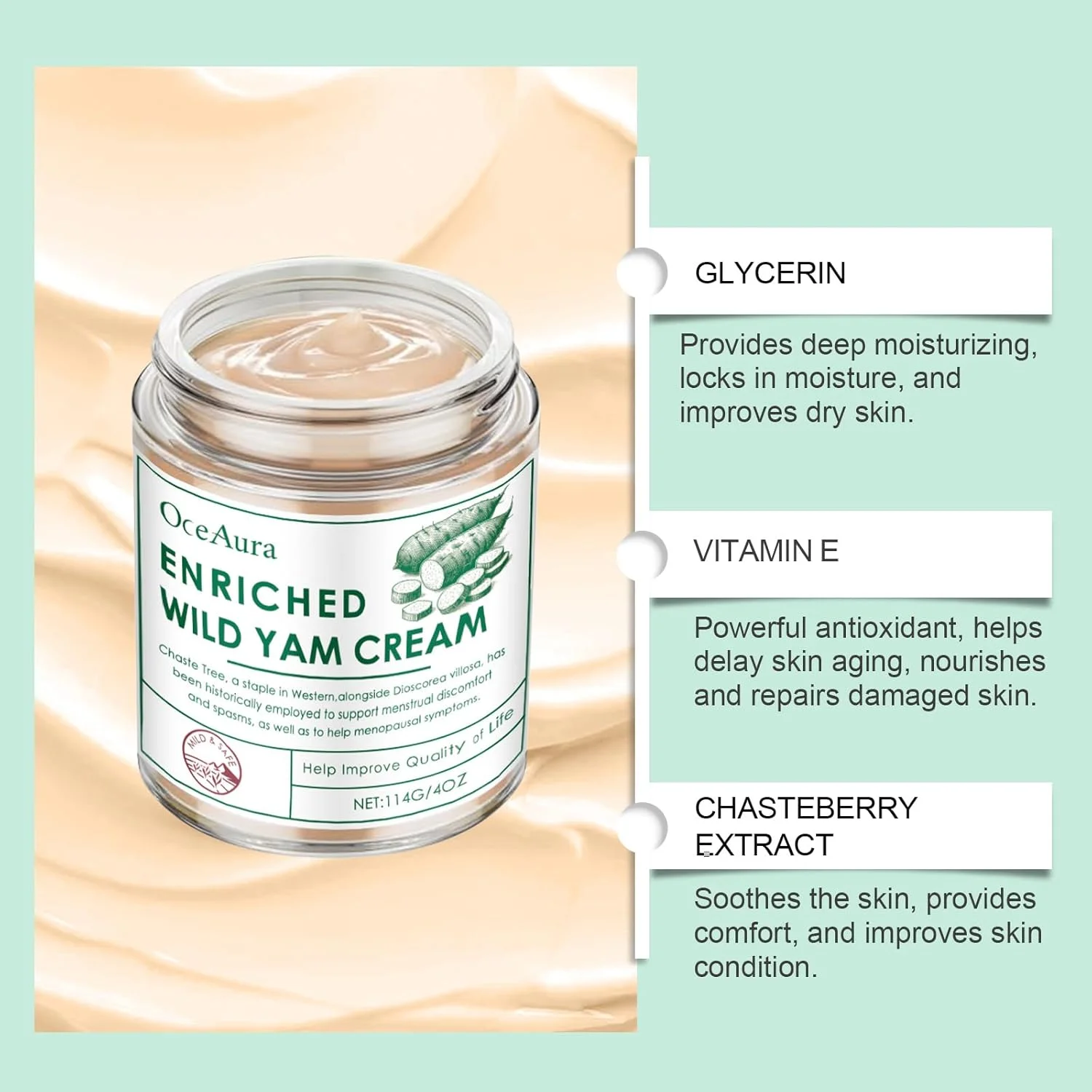 کرم یام وحشی 113 گرم، مرطوب کننده ارگانیک برای تعادل هورمونی بانوان، پشتیبانی از دوران پیش از یائسگی و تسکین علائم یائسگی، تغذیه کننده انواع پوست با عصاره های ملایم ریشه طبیعی