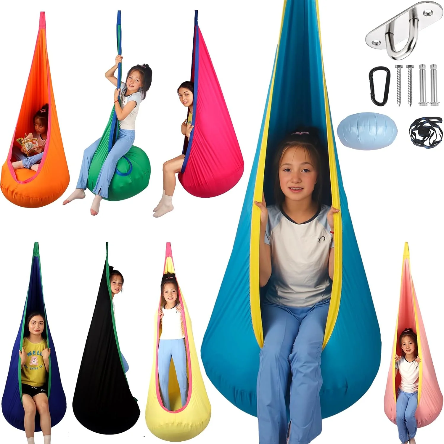 تاب حسی برای کودکان، صندلی آویز گهواره ای سرپوشیده و روباز با حداکثر تحمل وزن 136 کیلوگرم به همراه کوسن بادی و لوازم نصب مناسب برای کودکان مبتلا به اختلالات پردازش حسی، اوتیسم و ​​بیش فعالی (آبی فیروزه ای)