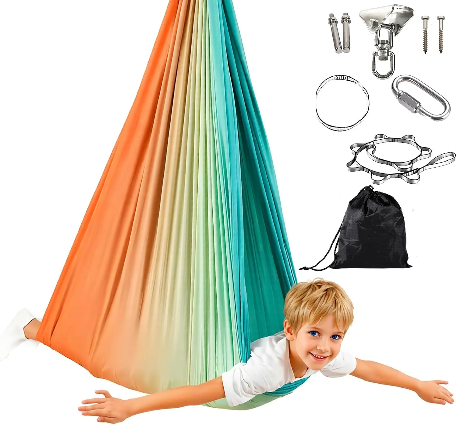 تاب حسی HIKKY برای کودکان و بزرگسالان، تاب حسی داخلی و خارجی با تحمل وزن تا 136 کیلوگرم، تاب درمانی دو لایه برای کودک مبتلا به اوتیسم، شامل کیت آویز چرخشی 360 درجه