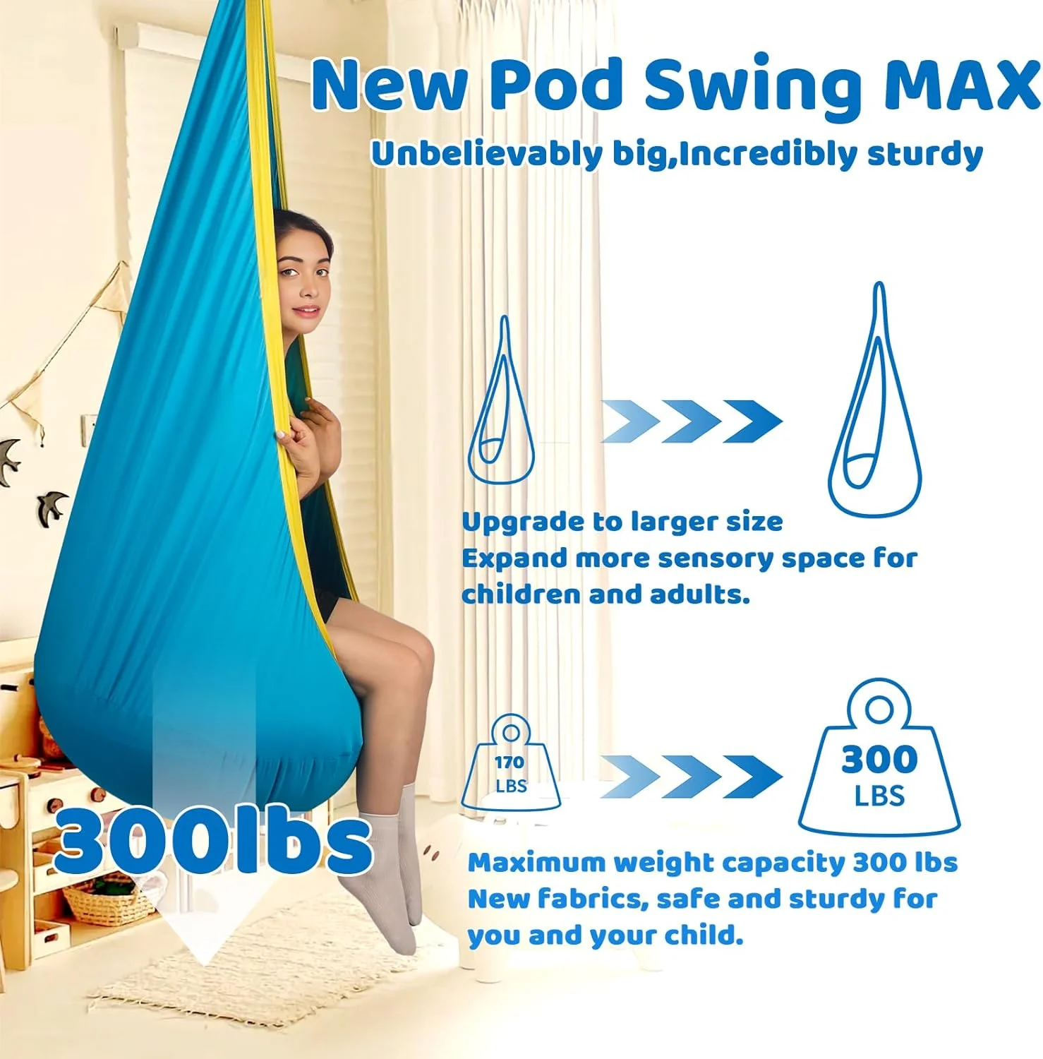 تاب حسی برای کودکان، صندلی آویز گهواره ای سرپوشیده و روباز با حداکثر تحمل وزن 136 کیلوگرم به همراه کوسن بادی و لوازم نصب مناسب برای کودکان مبتلا به اختلالات پردازش حسی، اوتیسم و ​​بیش فعالی (آبی فیروزه ای)